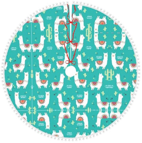 Jupe de sapin de Noël avec pompon Motif lama et cactus Blanc