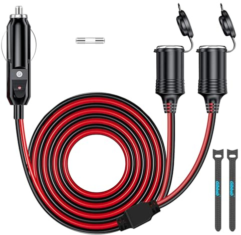 12V/24V Zigarettenanzünder Abzweigung 2-Fach, 1m Verlängerungskabel 1x Stecker auf 2X Buchse, 240W 1,5mm² (16AWG) - mit 2 Sicherungen 20A
