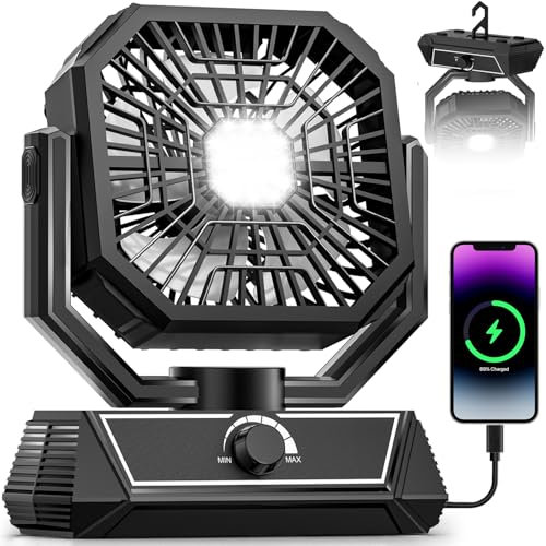 meriied Portable Fan Rechargeable, 20000mAh Battery Powered Fan with LED Lantern, Table Fan, Camping Essentials, USB C Battery Operated Camping Fan for Travel, Picnic, Barbecue, Fishing, Office, Home