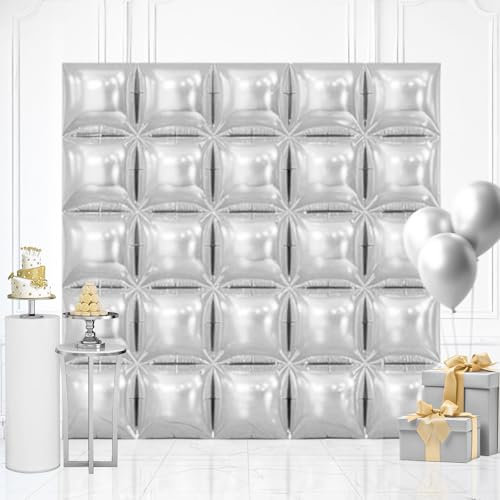 Silver Double Sided Square Silver Balloons Wall, 19 Inch Silver Metallic Foil Balloons Tunnel Arch Kit for Birthday Wedding Engagement Graduation Anniversary Bachelorette Party Background Decoration