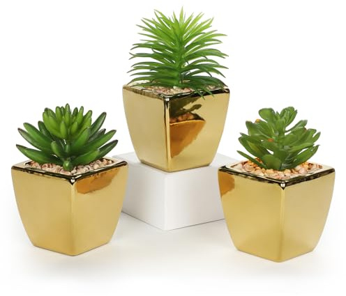 Oairse Artificial Succulent Plants Series Fake Plants Succulents in Gold Ceramic Pot Set of 3 Faux Succulents Mini Potted Artificial Plant for Bathroom Shelf Kitchen Patio Home Office Table Decor