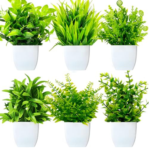 Purpledi 6 Pezzi Mini Piante Artificiali Verdi in Vaso Plastica, Piante Finte da Interno, Piantine Finte Decorative con Vasetto per Casa Ufficio Tavolo Stanza Bagno Decorazione Interno B