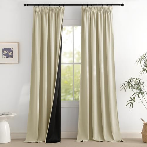 PONY DANCE 100% Verdunklungsvorhänge Kräuselband Thermovorhang Hitzeschutz | 2er Set H 260 x B 140 cm, Hellbeige, für Schienensystem, Gardinen Blickdicht, UV-Schutz, Blackout, für Wohnzimmer