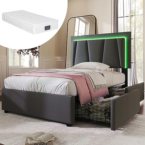 Polsterbett mit LED-Beleuchtung und 2 Schubladen Einzelbett Höhenverstellbarem Kopfteil Stauraumbetten Lattenrost aus Holz Jugendbett für Erwachsene Gästebett Grau mit Matratze 90x200 cm