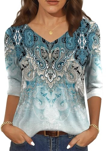 IECCP Bluse Damen 3/4 Arm V-Ausschnitt Shirt Blumen Falten Tunika Tops Sommer Elegant Oberteile Locker Lässig Hemd 2025(Cyanfarbener Ethno Druck,L)