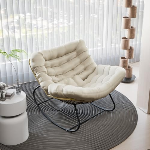 AuraFurn Gungstol, ergonomisk gungstol, extra stor, rottinggungstol, relaxstol med extra tjock sittkudde, perfekt för balkong, trädgård och vardagsrum, lastkapacitet upp till 140 kg (beige)