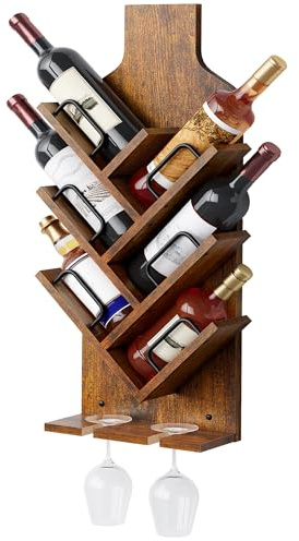 FAVOOSTY Étagère à vin Murale, Porte-Bouteilles, étagère à Bouteilles avec 6 Niveaux avec Porte-Verres, étagère à vin en Bois pour Salon, Salle à Manger, Cave à vin, Bar, Marron