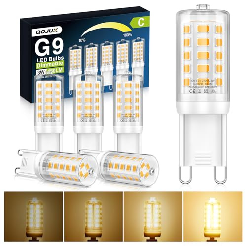 QOJUX 3W G9 Led Bulbs Dimmable, Energy Class C, 34 LEDs 480LM Warm White 2700K, Equivalent to 50W Halogen, CRI>80, AC 220-240V No Flicker Energy Saving G9 Light Bulbs for Home Lighting Decor 5 Pack