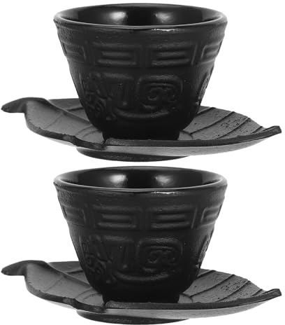 LOLIPPYY Ensemble de Tasse à Thé en Fonte Noire avec Soucoupe de Feuille, Style Chinois Rétro Élégant, Solide et Décoratif, Fêtes de Thé et Rassemblements