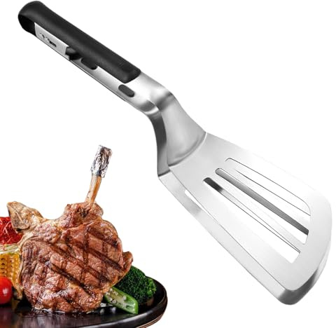 Pinza para parrilla – Espátula de pinza para parrilla 33 x 9,3 cm, manejo seguro de alimentos | Batidora de huevos de mango extendido con construcción de acero inoxidable duradero, espátula de mango