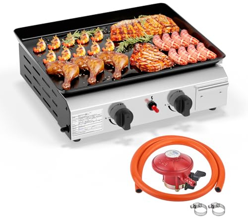 ROVSUN 2 Burner Poartable Gas BBQ, 20000BTU Outdoor Barbecue Grill, Tabletop Stainless Steel BBQ with Non-Stick Griddle for Camping, Patio Party