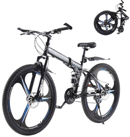 KernGut Klappbares Mountainbike, 21 Gänge, Doppel Scheibenbremsen, MTB, High-Carbon Stahlrahmen, Vollfederung, Faltbares Sport Fahrrad für Erwachsene