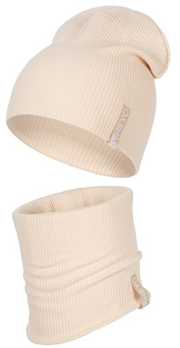 HEYO Kinder Beanie Mütze und Schlauchschal Set aus Baumwolle gerippt– Übergangsmütze für Frühling & Herbst – weich & elastisch – 50–56 cm HZD007