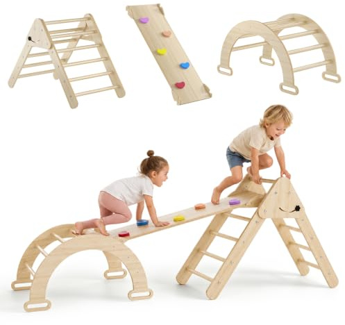 XMTECH Kletterdreieck mit Kletterbogen & Rutsche – 4 in 1 Holz Klettergerüst Indoor, Kletterspielzeug für Kleinkinder 1-3 Jahre, belastbar bis 40 kg, inkl. Kletterbrett & Motorik-Spielgerät