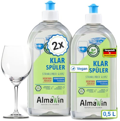 AlmaWin® Klarspüler [2x 500ml] für streifenfrei glänzendes Geschirr - Bio Spülmaschinen Klarspüler mit 100% natürlichen Inhaltsstoffen - Klarspüler Spülmaschine - Geschmacksneutral, Öko, VEGAN