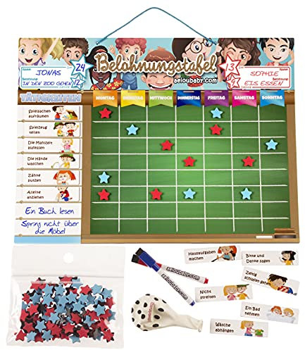 aeioubaby.com BELOHNUNGSTAFEL Magnetisch Groß | Sternchenplan für Wand oder Kühlschrank, 43x32cm. 22 Tätigkeiten, 2 Stifte und 1 Ballon | Geschenkbox für Kinder und Geburtstage (Deutsch)