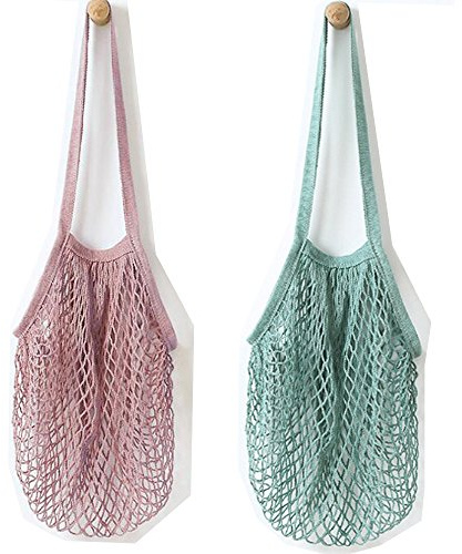 Metyou 2Pcs Portable Reusable Mesh Cotton Net String Bag Organizer Shopping Tote Handbag Fruit Storage Shopper NEW (green,purple)