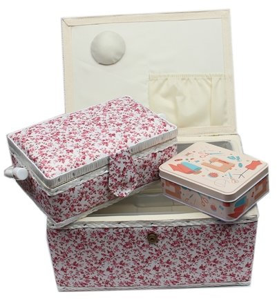 Ackermann Nähkorb-Set mit Tragegriff (1x groß und 1x mittel) + 1x kleine Accessoires-Box aus Metall (mit Zubehör), Marke Nähkorb Nähschatulle Nähkästchen Nähkasten (Blumenmuster (rosa))