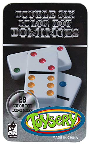 Toysery Double 6 Dominoes Set with Colored Dots, 28 Piece, White