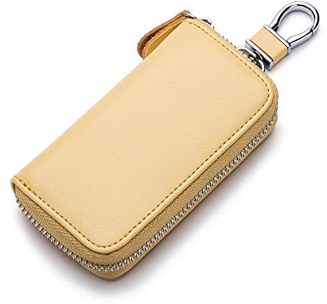 Genuine Leather Key Holder Bag with 2 Card Slots & 6 Hooks, Access Card Key Case Wallet for Men & Women (Golden)