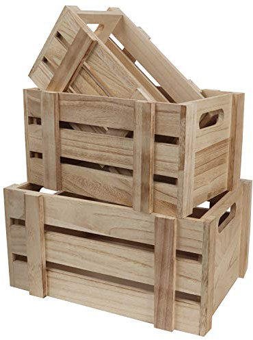 BELLE TE - Juego de 3 cajas de madera con asas, diseño rústico de madera pequeña, mediana y grande, caja de madera natural para almacenamiento y decoración de interiores