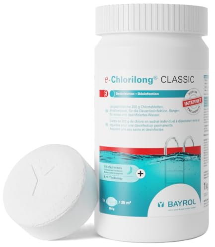 BAYROL e-Chlorilong® CLASSIC 1 kg – langsamlösliche 200 g Chlortabletten für Pool zur Dauerdesinfektion - Aktivchlorgehalt 92 % - alle Filterarten - Dosierschwimmer Pool oder Skimmer