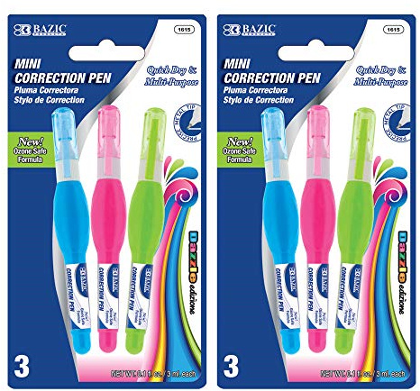 BAZIC PRODUCTS Mini Correction Pen - Corrections Fluid, Precise Metal Tip White Out, Ideal for School & Office Supplies, Alternative to Correction Solution, 3/Pack, 2-Packs