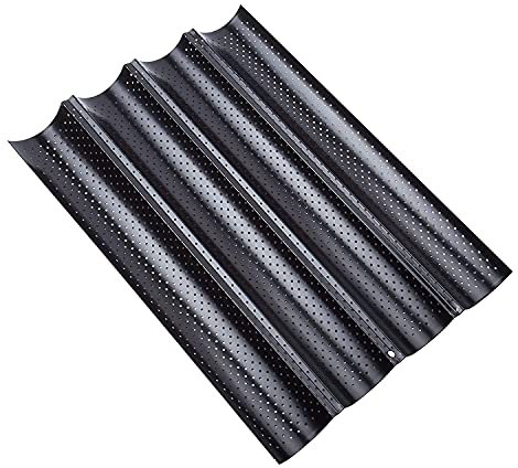 Dilpeak Molde pan Baguette, Bandejas Horno con Revestimiento Antiadherente para 4 Baguette, Accesorios para Hornear Pan de Acero Inoxidable Molde para Pan (38 x 33 x 2cm negro)