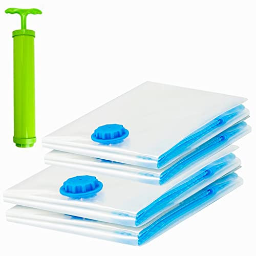 Vacuum Bags, Reusable Storage Bags, With Hand Pump, 4 PCS, Transparent, 80x60 cm, 60x40cm, Double Zip Seal Reusable for Storage Coats Clothes Towels Bedding Duvet Blanket Curtains