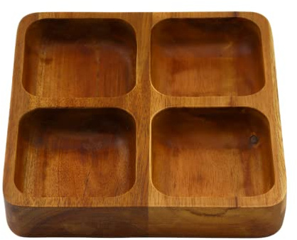 Kadum Snackschale Snackteller Viergeteilt aus Akazienholz | Große Nussschale 20 x 20 cm Tablett Akazie Natur | Servierschale Holz Holzgeschirr Holzteller Handgemacht