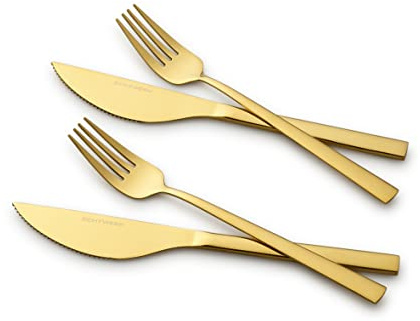 ECHTWERK pizzabesticksset, pizzabesticksset, köttbestick, middagsbestick 4 delar för max 2 personer, Med 2 pizzaknivar och 2 pizzagafflar i rostfritt stål, Gold Edition
