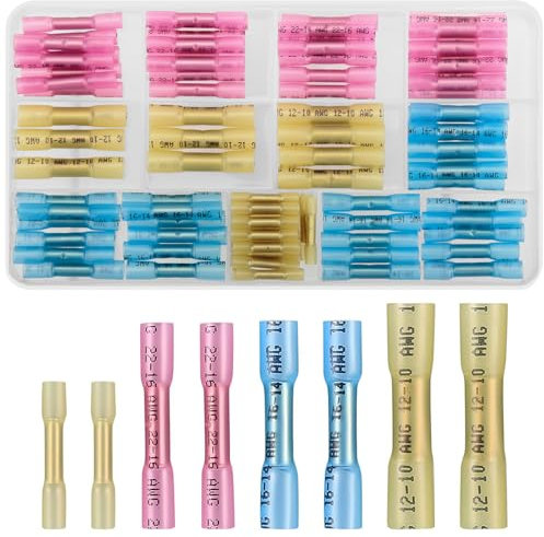 QOOSIKICC 100 Pcs Heat Shrink Butt Connectors Kits, 10-26 AWG Butt Splice Electrical Wire Connectors Kit, Insulated Waterproof Marine Automotive Crimp Terminals Butt Splice Terminals Connectors