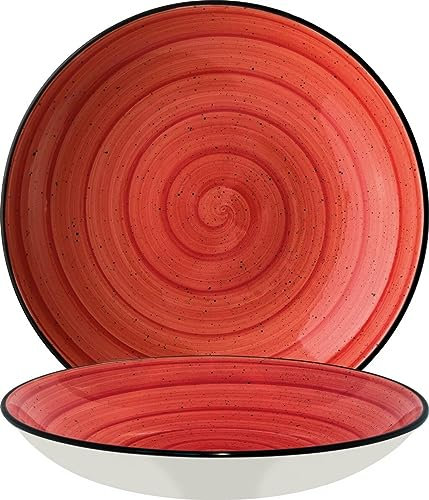 Bonna 6x Suppenteller Pastateller Speiseteller Essteller Salatteller Geschirr Teller tief 25cm 130cl Rot Creme Porzellan rund Aura Passion Bloom Kantenschutz