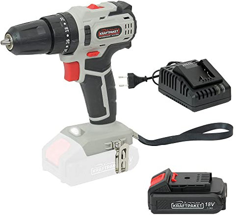 Dino KRAFTPAKET 18V-45Nm Bürstenloser Akku-Schlagbohrschrauber Bohrschrauber Akkuschrauber (Set mit 2Ah Akku, 2.5A Ladegerät) 10mm Schnellspannbohrfutter, 20+3 Stufen 2-Gang, LED, Motor bürstenlos
