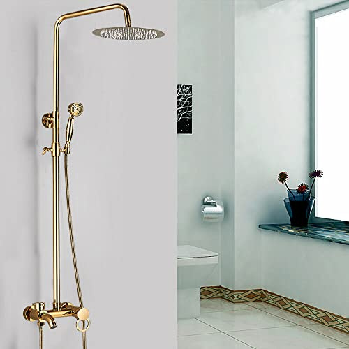 Wandmontage Duscharmatur Set, Wand-Montage Dusch Armatur Wasserhahn Zwei Griffe Höhenverstellbar 70~120cm mit Regendusche Handbrause Kopf und Badewannenarmatur für Badezimmer, Gold