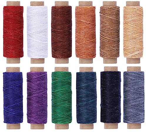 Fil à coudre en cuir 12 couleurs, kit de fil ciré 50 m, fil à coudre 150d pour la couture du cordon de ciré pour l'artisanat du cuir bricolage/reliure/réparation de chaussures