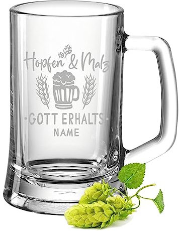 GRAVURZEILE Bierkrug mit Gravur - Hopfen und Malz Gott erhalts - Personalisiert mit Namen - Bierseidel als Geschenk für Bierkenner - Geschenke für Männer zum Vatertag Geburtstag - Größe 0,3 L