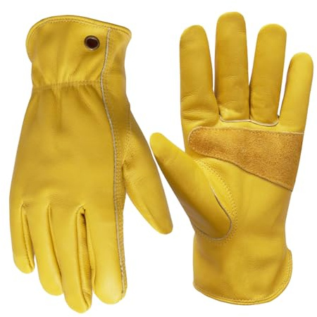 NBLEAGLO Arbeitshandschuhe aus Rindsleder für Bau, Hof, Gartenarbeit, mit verstärkter Handfläche, für Damen und Herren, Gelb, Größe XL
