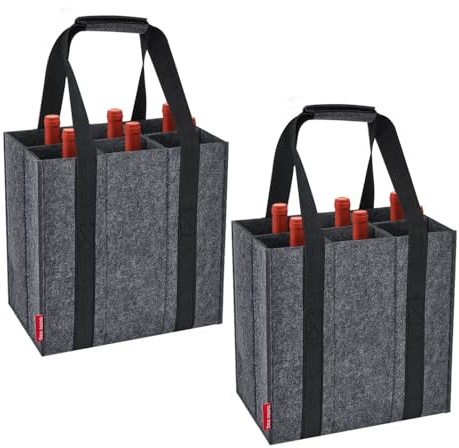 Eurhomewit 2 Pack Wine Bottle Carrier 6 Compartments, Bottle Bag Felt Wine Tote Bag Holder with Protable Handles, Reusable Wine Bottle Bag for Transporting Red Wine, Champagne, Beer and Water Bottles | Sturdy portable handles, reusable, fits wine, champagne, beer & water bottles, anti-clink, for party picnic travel gifting