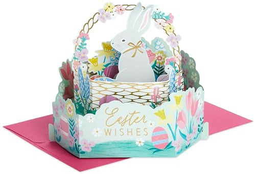 Hallmark Biglietto di Pasqua, biglietto pop-up, 3D, cestino pasquale e coniglio, bianco, rosa, blu, per bambini