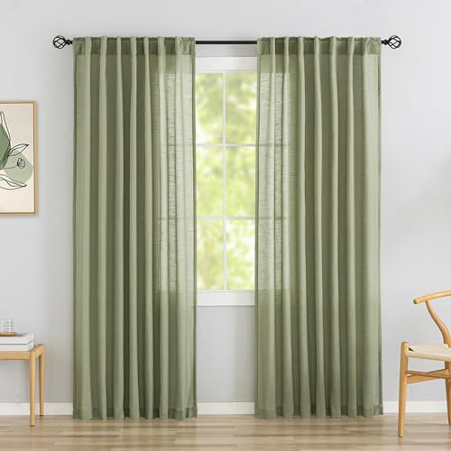 DONREN Light Green Sage Linen Back Tab Curtains 92 Inches Long 2 Panels Set for Living Room,Boho Energy Saving Semi Privacy Sheer Curtains Rod Pocket Light Filtering Curtains for Patio Door Doorway