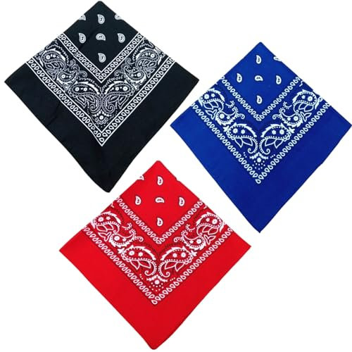 JCKD 3 piezas Bandana, Pañuelo Multifunción,Hijab Paisley, Patrón de Camuflaje, Mascarilla para Hombre, Diadema Mujer, Pañuelo Cuadrado Adecuado Para Fiestas, Deporte（negro/rojo/azul (54 x 54 cm)