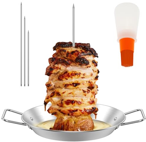 Al Pastor - Spiedino verticale per barbecue in acciaio inox con 3 punte rimovibili da 8/10/12 pollici e bottiglia di olio brasiliano per shawarma kebab