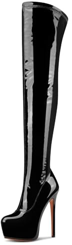 Aachcol Patent Leather Over The Knee Stiletto Boots Platform Thigh High Boots Round Toe Side Zipper Sexy Dress High Heel Boots 5.9 Inches Heels Black 12 M US