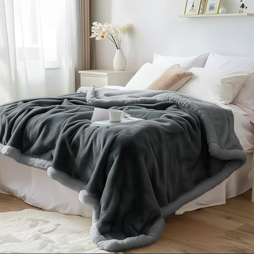 Bedding Aid Manta impermeable tamaño matrimonial – Forro polar acogedor de doble cara, sin desorden, a prueba de fugas, a prueba de manchas y resistente al agua, manta sherpa de doble cara (gris
