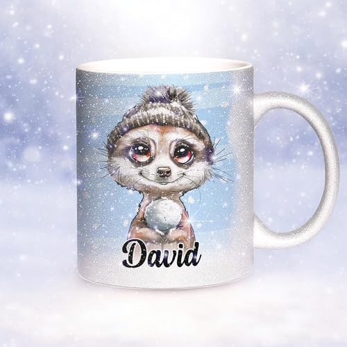 Sunnywall Keramik Tasse Kaffeebecher Glitzertasse Weihnachtstasse Winter | Keramikbecher 330 ml spülmaschinengeeignet für Kaffee Tee Büro Alltag mit Motiv und Namen personalisierbar
