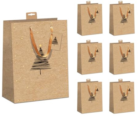Geschenktüten Weihnachten DIN A5| Recycelter FSC®-Kraftkarton (200 g/m²) mit Baumwollband & Namenskarte | Verstärkter Rand & Boden | Reißfest & Robust | Weihnachtstüten (18x23x10cm), 6er Set