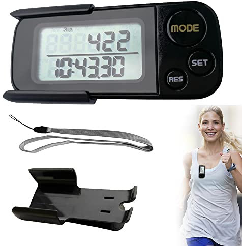 Aoreun Podómetro, Contador de Pasos Preciso con Clip y Correa Mini Podómetro Electrónico Portátil 30 Días de Memoria sin Bluetooth, sin Aplicaciones para Caminar, Seguimiento de Pasos Millas/km, Negro