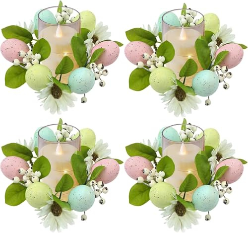 Kerzenring Osterkranz Osterdeko Kerzenkranz für Stabkerzen Osterkerzenringe Kränze Ostereier Kerzenringe Osterkerzenkranz Künstliche Blumenkränze Kerzenkränze Osterkerzenring Ostern Tischdeko (4PCS B)