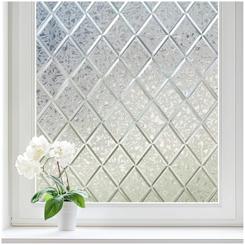 Haton Window Privacy Film Decorative Frosted Glass Window Film, Sun Blocking Stained Glass Clings, Static Cling Removable Stickers for Home Door Coverings, Lattice Pattern 17.5 x 118.1